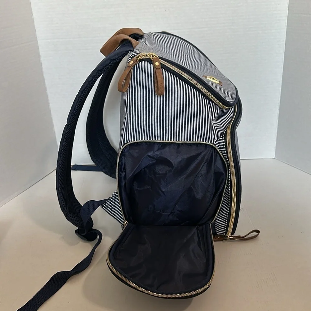 Bananafish breast pump/diaper backpack navy and white pin stripes